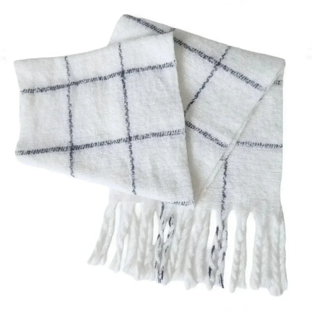 Oversized Windowpane Check Scarf in 100% Poly Fringe Shawl Knit